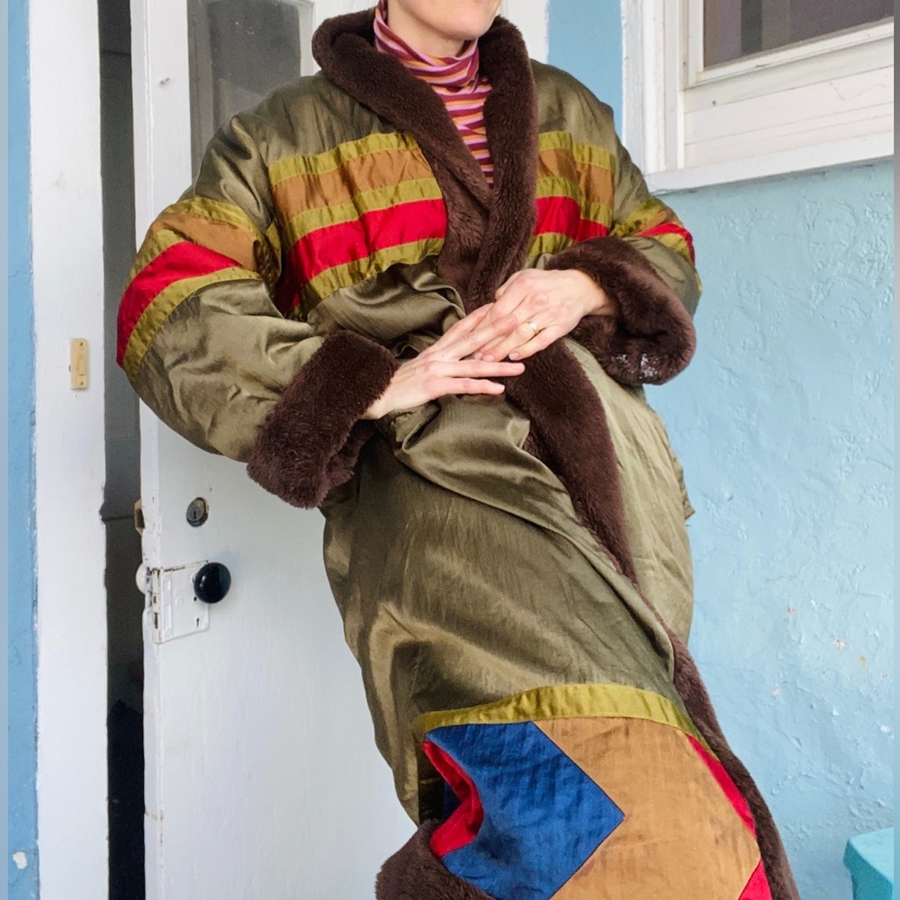 Vintage 80s Ann Tijan for Kenar Green satin maxi faux fur reversible Coat